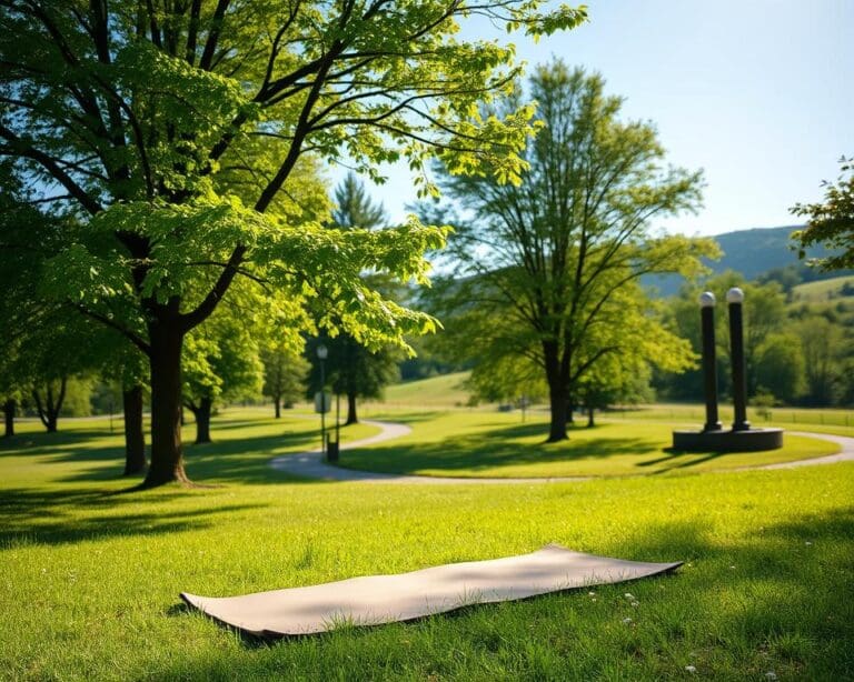 Parkwandeling met yoga en mindfulness in een groene omgeving