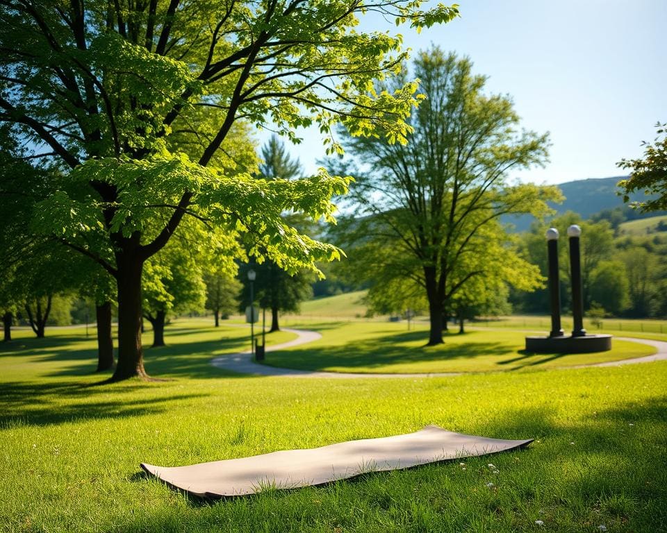 Parkwandeling met yoga en mindfulness in een groene omgeving