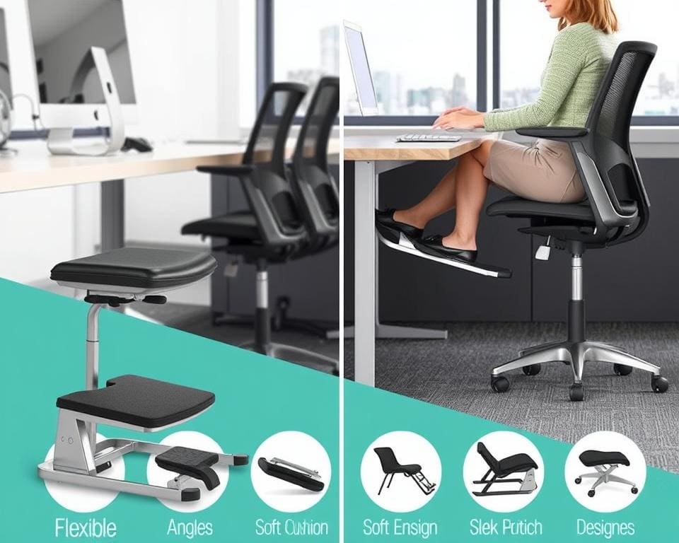 Verstelbare voetensteunen en ergonomische voetensteunen voor comfort tijdens het werken.