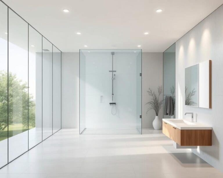 Een badkamer met glaswanden en inbouwspots